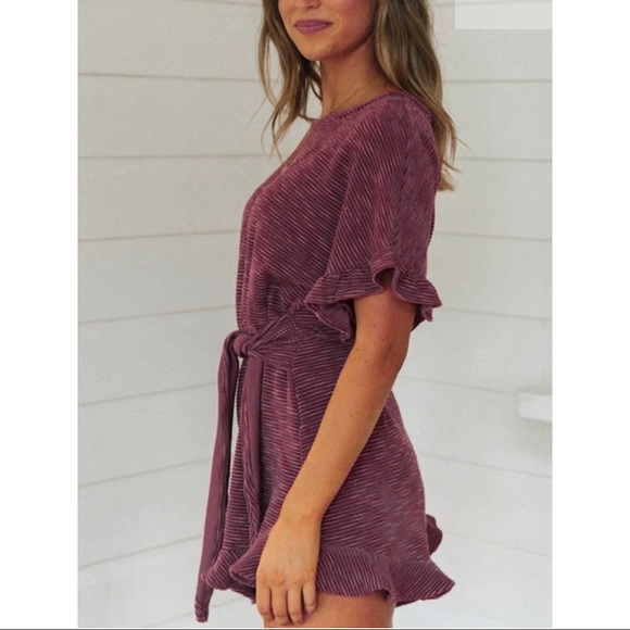 RESTOCKED! Burgundy Self-Tie Ruffle Romper - Picture 2 of 4